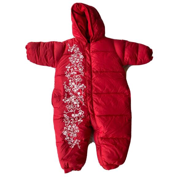 Nautica Hooded Snowsuit Sz 6-12M Red Booties Mittens Down Filled Bunting Winter - Picture 1 of 9